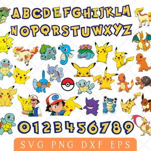 May include: A colourful alphabet of letters, numbers, and images of Pokemon characters. The letters are yellow with a blue outline. The numbers are yellow with a blue outline. The Pokemon characters are in various colours and poses. The image includes the text "SVG PNG DXF EPS".