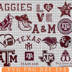 May include: A maroon and white graphic featuring various Texas A&M University logos and text elements. Includes the word "Aggies", the letters "A&M", a football helmet, and the state of Texas outline.