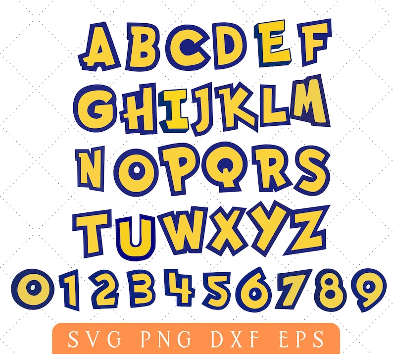 May include: A yellow and blue alphabet and numbers with a bold, cartoon-like style. The letters and numbers are outlined in blue and filled in with yellow. The letters are uppercase and the numbers are in a standard font.