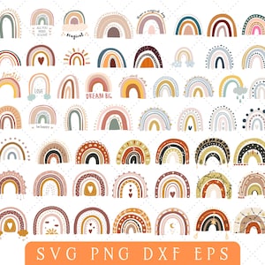 Puede incluir: Un conjunto de 40 ilustraciones de arcoíris coloridos en varios estilos y diseños. Los arcoíris están decorados con estrellas, corazones, nubes y otros elementos caprichosos. Algunos arcoíris tienen texto como "Dream Big", "Love" y "Be Happy".