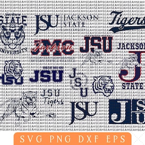 May include: A collage of logos and text elements, featuring the words "JSU" and "Jackson State Tigers" in various fonts and styles. Includes tiger illustrations and the text "SVG PNG DXF EPS".