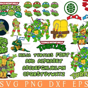 Puede incluir: Colección de gráficos de las Tortugas Ninja. Incluye varias poses de las tortugas, sus logotipos y un conjunto de fuentes. La paleta de colores presenta verde, rojo, azul y morado.