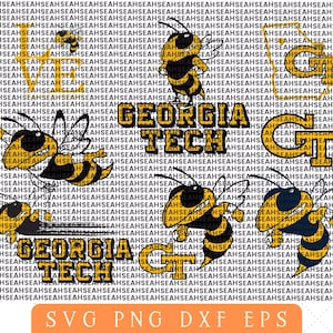 May include: A graphic design featuring cartoon yellow jackets with black stripes, the words "GEORGIA TECH", and the letters "GT". The design is in yellow and black, with a white background.