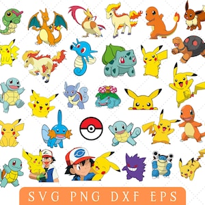 May include: A collection of colorful cartoon Pokemon characters, including Pikachu, Charmander, Squirtle, Bulbasaur, and many more. The characters are all in different poses and expressions, and they are all set against a white background.
