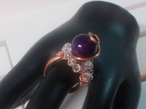 OOAK Fossil Stone Ring Size 8 Copper Ring Wire Wrapped Ring Purple Ring Girlfriend Gift 21st Birthday Gift Best Friend Gift  Statement Ring