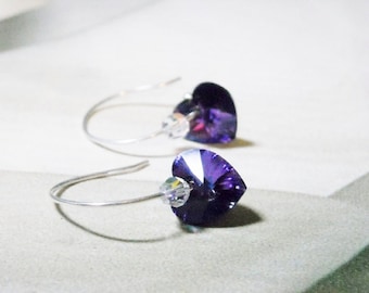 Swarovski Crystal Heart Earrings, Heliotrope Sterling Silver