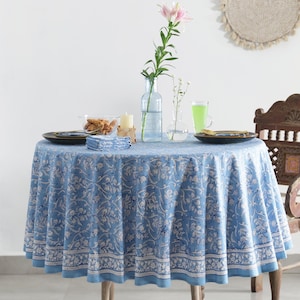 Mantel redondo con estampado floral azul, mantel circular con estampado de bloques indios, mantel redondo para bodas, manteles redondos de algodón para cocina de estilo rural.