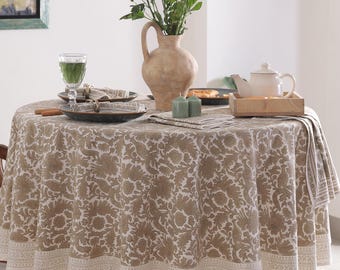 Rond tafelkleed met Indiase bloemen, boho aangepaste ronde tafelkleed met blokprint, rond tafelkleed, rond kersttafelkleed, Frans tafelkleed