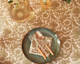Indian Hand Block Print Cotton Tablecloth, Bird Print Brown Wedding Table Cover, Custom Wedding Gifts, Out Door Farmhouse Tablecloth Scape