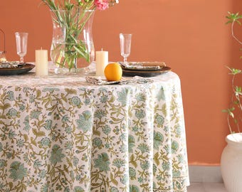 Green Indian Floral Round Tablecloth, Block Print Round Table Cover, Circle Tablecloth, Country Kitchen Round TableCloths, French Tablecloth