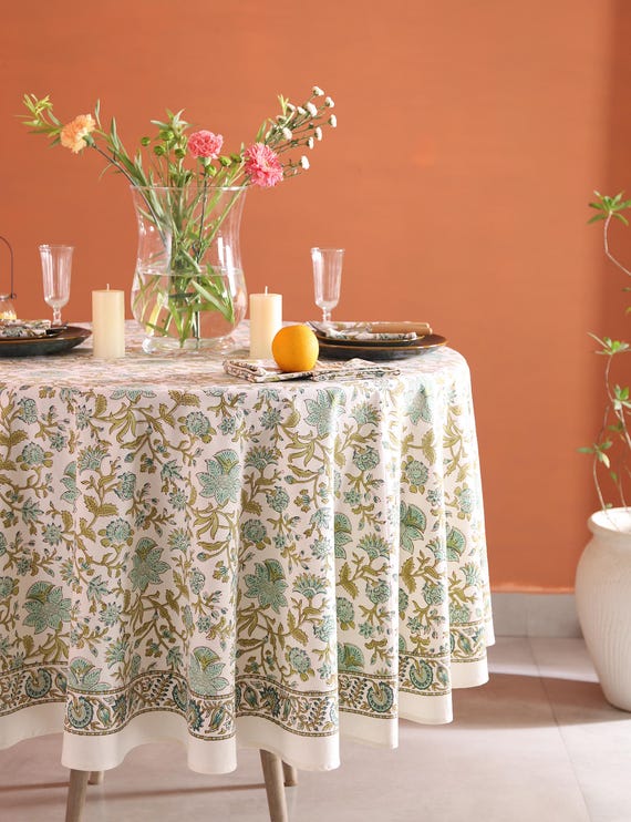 Green Indian Floral Round Tablecloth, Block Print Round Table Cover, Circle Tablecloth, Country Kitchen Round TableCloths, French Tablecloth