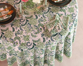 Green Indian Block Print Round Tablecloth, French Round Tablecloth, Dining Tablecloth, Country Kitchen Round Tablecloth, Wedding Table Decor