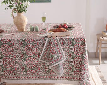 ハンドプリントコットンテーブルクロス（スウェーデン製）　プレゼント付き ユニークなスウェーデン製ハンドプリントコットンテーブルクロス 花と