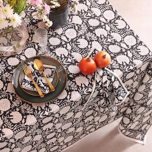Black Block Printed Tablecloth, Indian Cotton Table cover, Dining Table Decorations, Boho Table Decor Table Top Linen, French Tablecloths