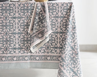 Modern Dusty Blue Block Printed Tablecloth - Ideal For Dining, Rustic Wedding, Party and Event Decor, Kitchen Linens, Boho Table Cover Cloth