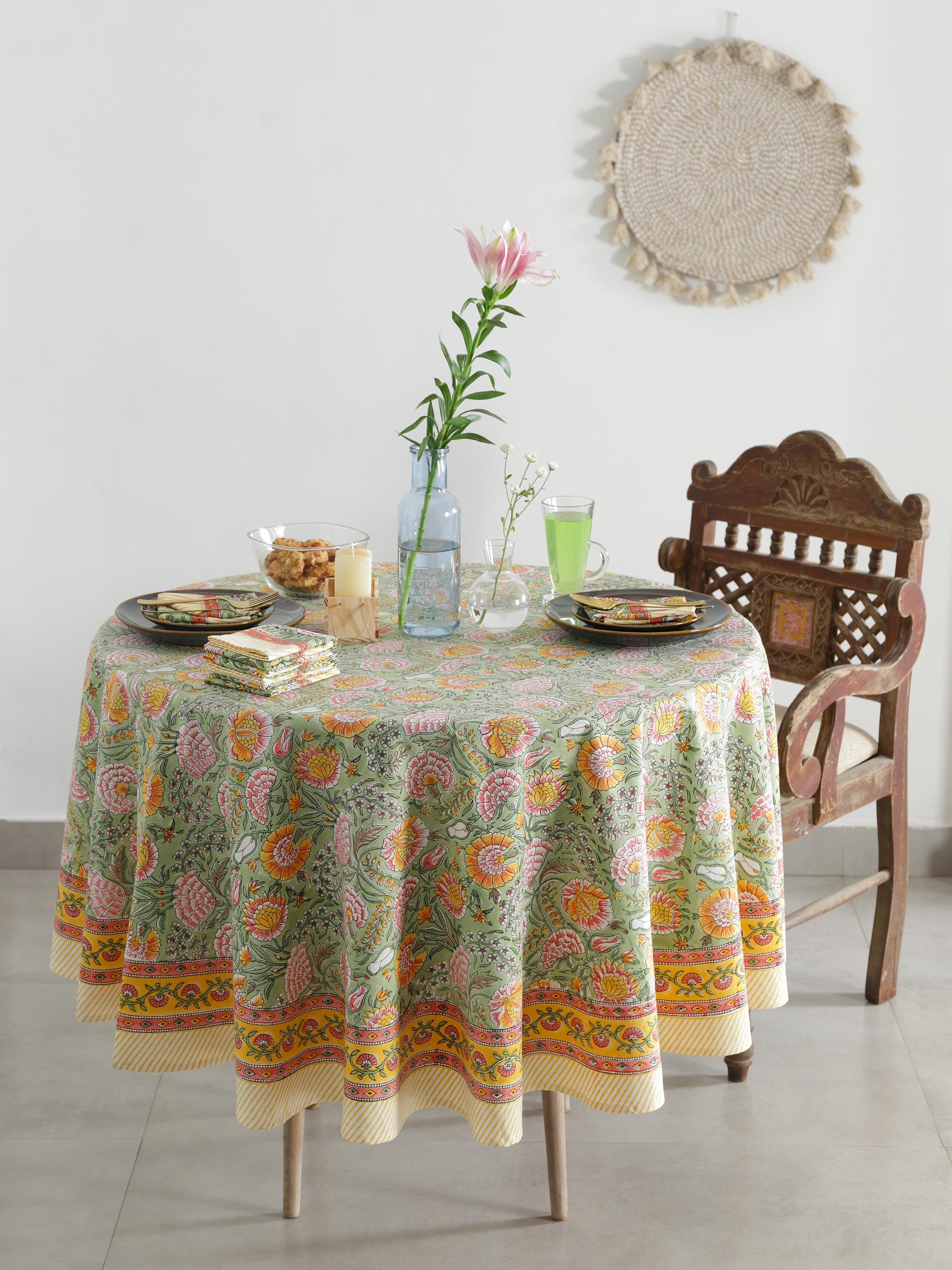 Burnt Orange Round Tablecloth, Indian Block Print Round Table Cover, Cotton Floral Tablecloth, Housewarming Gift, Country Kitchen Tablecloth