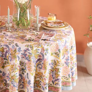 Summer Butter Yellow Floral Round Tablecloth, Indian Block Print Round Table Cover, Circle Tablecloth, Country Kitchen Round TableCloths