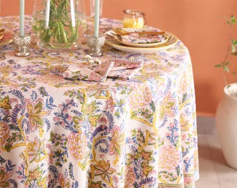 Summer Butter Yellow Floral Round Tablecloth, Indian Block Print Round Table Cover, Circle Tablecloth, Country Kitchen Round TableCloths