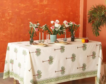 Palme Hand Block Print Tischdecke, Französische Tischdecke, Boho Hochzeit Benutzerdefinierte Tischdekoration, Indische Blumen Baumwolle Rechteck Tischdecke