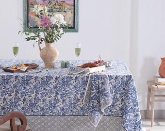 Mantel floral estilo chinoiserie azul francés, mantel con estampado de bloques indios, mantel rectangular bohemio, mantel de algodón personalizado