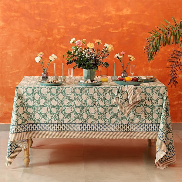 Tovaglia rettangolare stampata a mano con motivi floreali indiani verde muschio, copritavolo in cotone, regalo per inaugurazione della casa, tovaglia francese, matrimonio boho