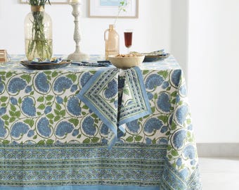Blue Floral Block Print Tablecloth, French Table Cover, Boho Chritim Wedding Table Decor, Indian Modern Cotton Rectangle Large Table Cloth