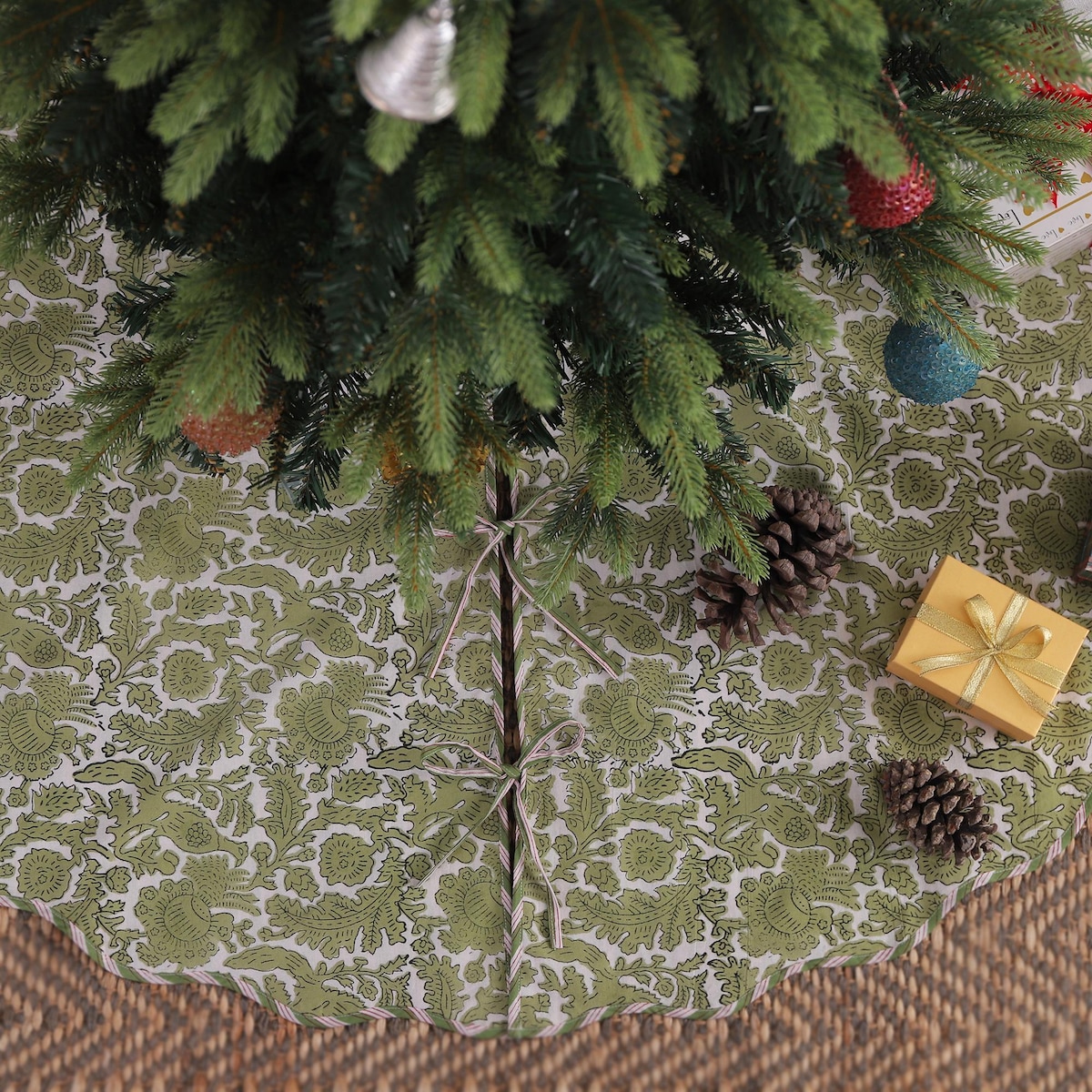 60 inch - Moss Green Hand Block Printed Christmas Tree Skirt