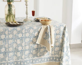 Mantel azul polvoriento estampado a mano, ideal para cenas, bodas rústicas, fiestas y eventos, mantelería de cocina y mantel bohemio.