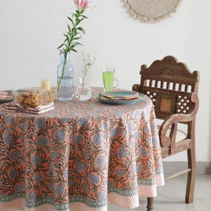 Floral Round Tablecloth, Indian Block Printed Round Table Cover, 90&quot; Inch Tablecloth, Napkin Set, Round TableCloth Runner, Jaipur TableCloth