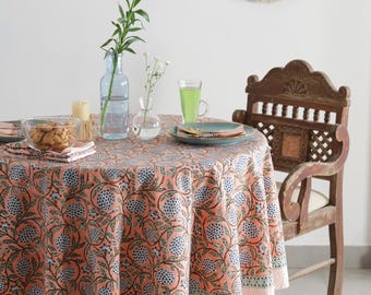 Floral Round Tablecloth, Indian Block Printed Round Table Cover, 90" Inch Tablecloth, Napkin Set, Round TableCloth Runner, Jaipur TableCloth