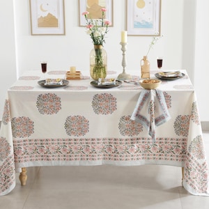 White, Coral Orange, Sky Blue Floral Damask Table Cover, Indian Block Printed Tablecloth, French Tablecloth, Gift For Home, Table Linen