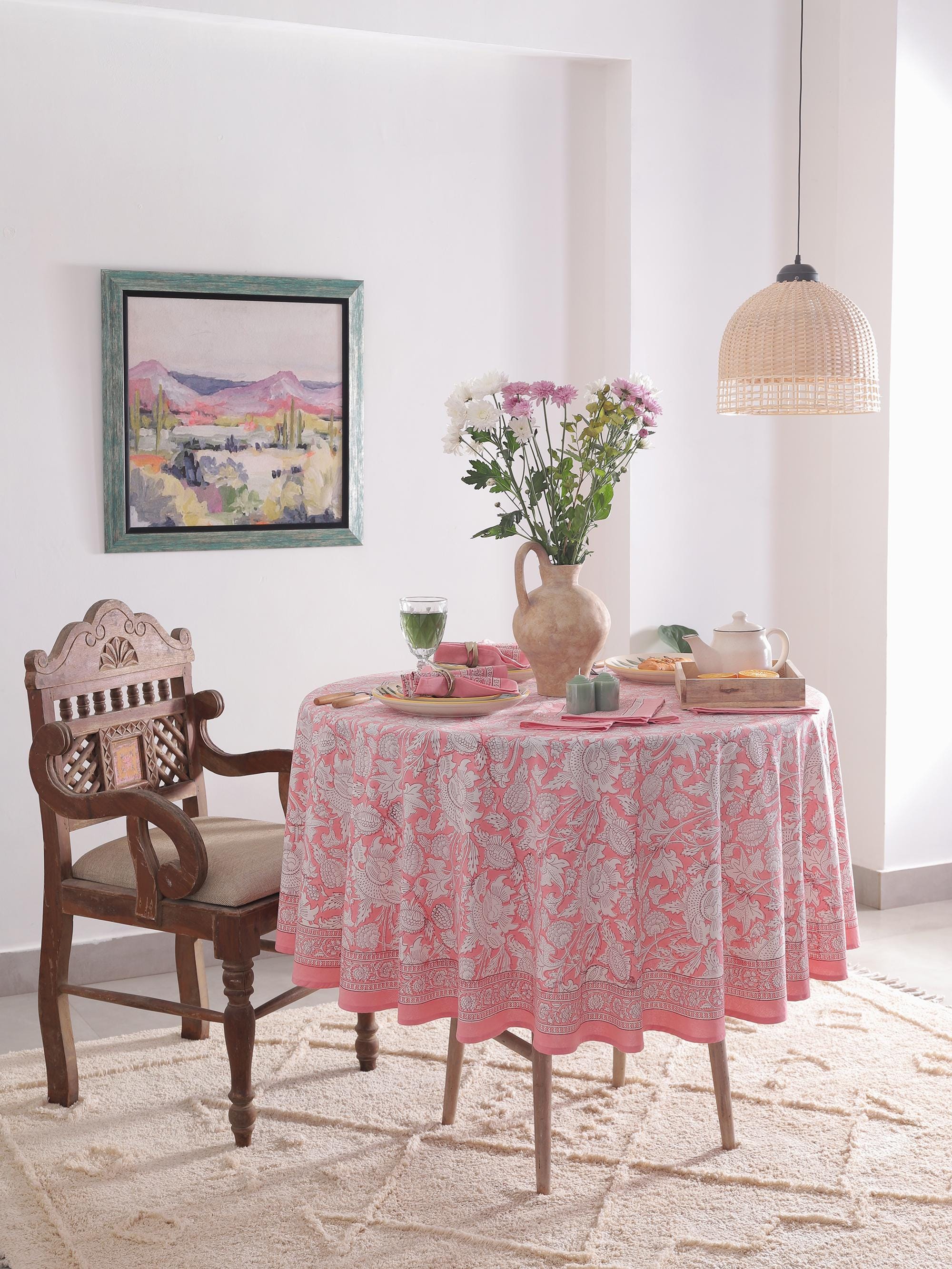 Summer Pink Floral Round Tablecloth, Indian Block Print Round Table ...