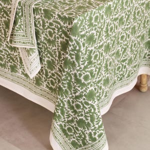 Green Block Print Tablecloth, French Table Cover, Boho Spring Floral Wedding Table Decor, Indian Modern Cotton Rectangle Large Table Cloth