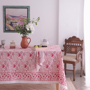 Pink Floral Indian Hand Block Print Cotton Tablecloth, Boho Pink Peach Wedding Table Cover, Custom Wedding Event Party Table Scape Decor