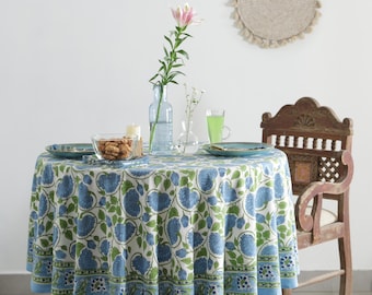 Blue and Green Lotus Floral Round Tablecloth, Indian Block Print Round Table Cover, Circle Tablecloth, Country Kitchen Round TableCloths