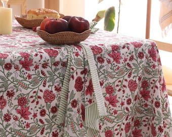 Rood, roze en groen kerst rechthoekig tafelkleed, tafelkleed met Indiase blokprint, op maat gemaakt katoenen tafelkleed, landelijke boho keukentafelkleed