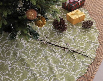 Falda para árbol de Navidad verde musgo estampada a mano, collar para árbol de Navidad, funda decorativa floral de algodón para árbol de Navidad, falda grande para árbol personalizada