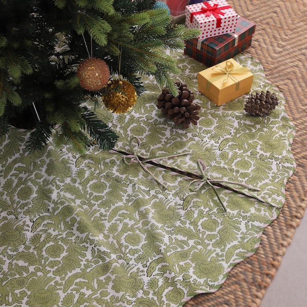 Moss Green Hand Block Printed Christmas Tree Skirt, Christmas Tree Collar, Floral Cotton Christmas Tree Cover Decor, Large Custom Tree Skirt