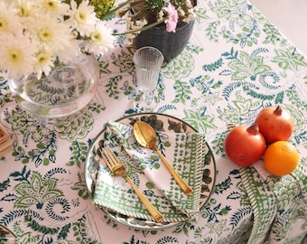 Moss Green And White Rice Veins Design Hand Block Printed Christmas Tablecloth Table Linen, Christmas Decorations, Indian Cotton Table Cover