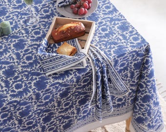 Marineblauwe bloemen Indiase handblok gedrukt rechthoekig tafelkleed, katoenen tafelkleed, housewarmingcadeaus, Frans tafelkleed, boho-bruiloft