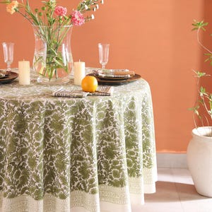 Moss Green Indian Floral Round Tablecloth, Block Print Round Table Cover, Circle Tablecloth, Christmas Round Tablecloth, French Tablecloth
