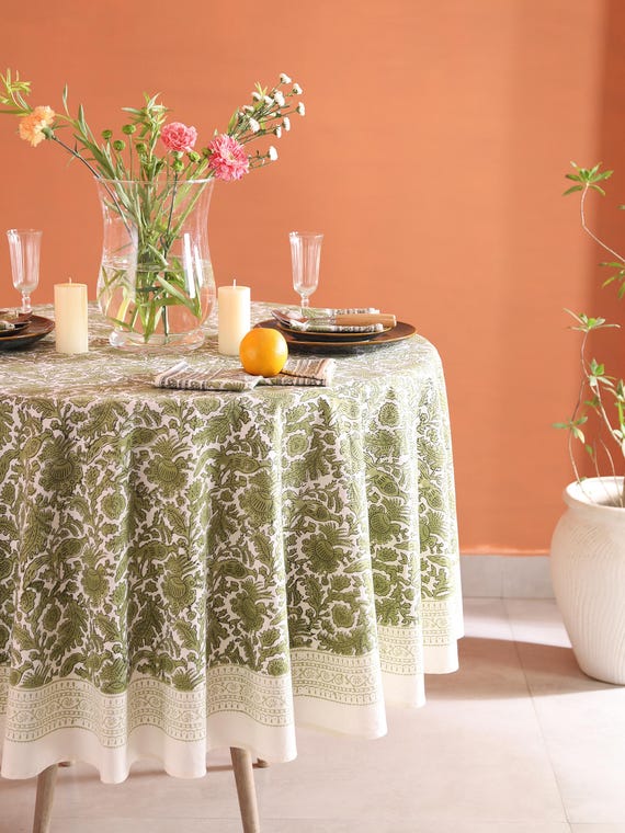Moss Green Indian Floral Round Tablecloth, Block Print Round Table Cover, Circle Tablecloth, Christmas Round Tablecloth, French Tablecloth