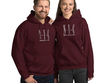 Embroidered New York Hoodie, Brooklyn Typography Sweatshirt, NYC Streetwear Pullover, City Souvenir Apparel