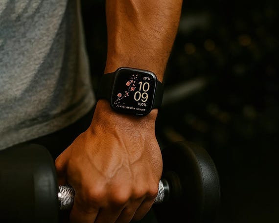Black Sakura Apple Watch Face - Minimalist Floral Design (digital