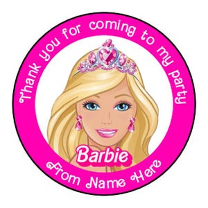 May include: Pink round sticker featuring a Barbie doll wearing a pink tiara and a pink dress. The sticker reads "Thank you for coming to my party from Name Here".