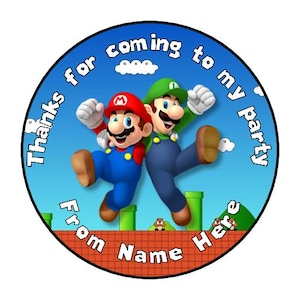 May include: Round sticker with a blue background featuring Mario and Luigi characters from the Super Mario Bros. video game. The sticker says "Thanks for coming to my party from Name Here".