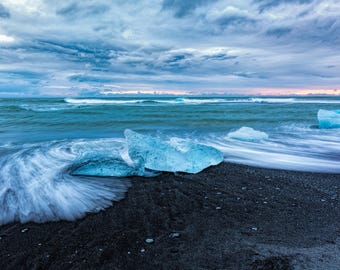 Diamond Beach Iceland Photography Print – Ocean Motion Around Glacial Ice on Black Sand