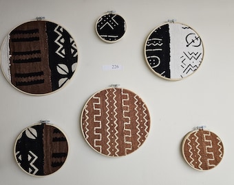 226 Set of 6 framed hoop mudcloth fabtic art African Bògòlanfini Mud cloth wall decor