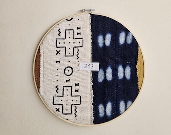 253 framed 12" diameter mudcloth hoop art African Bògòlanfini Mud cloth wall decor