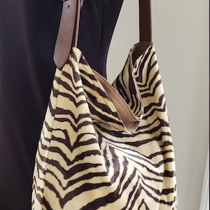 Zebra animal print hobo tote bag, cloth handbag shoulder bag, handmade, hippie tote, brown and beige image 2